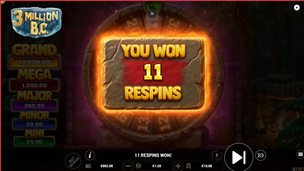 Tampilan visual slot 3 Million B.C. dengan tema prasejarah dan roda jackpot