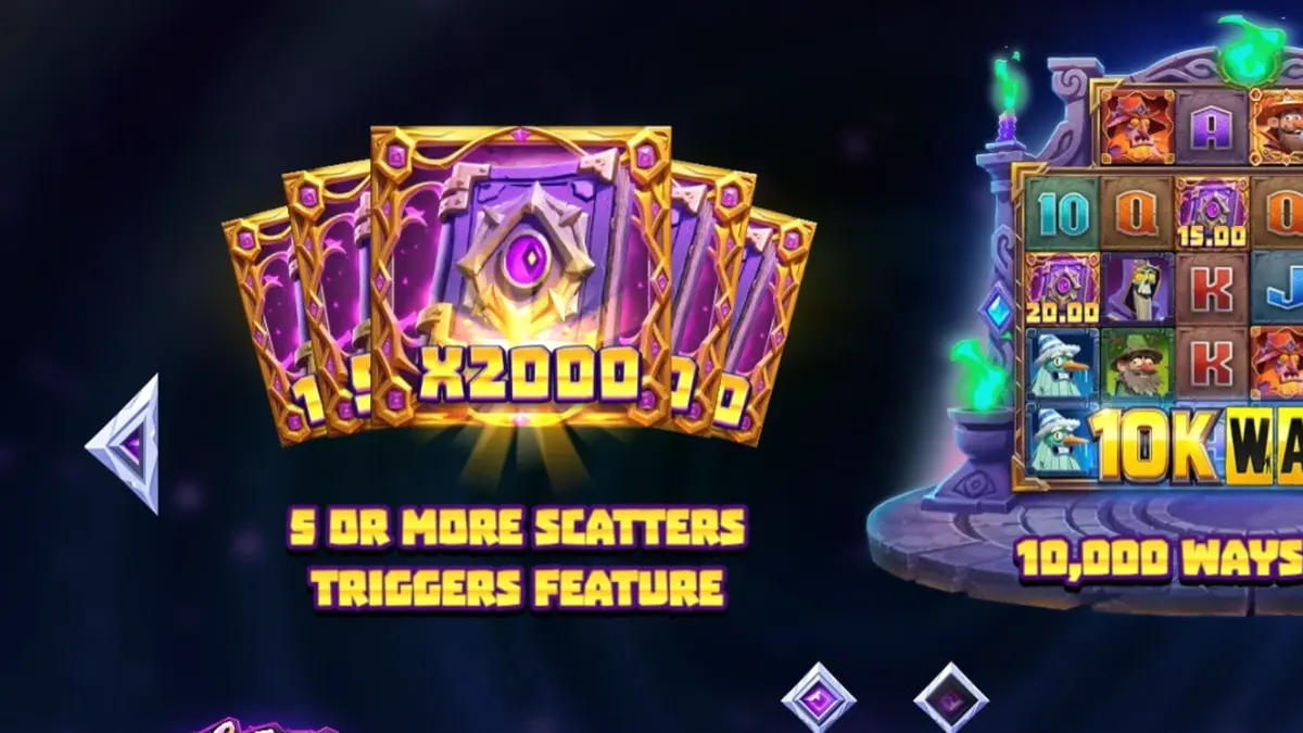 Tampilan visual slot Wizbang Brawl 10K Ways dengan tema penyihir dan pertempuran arcade.